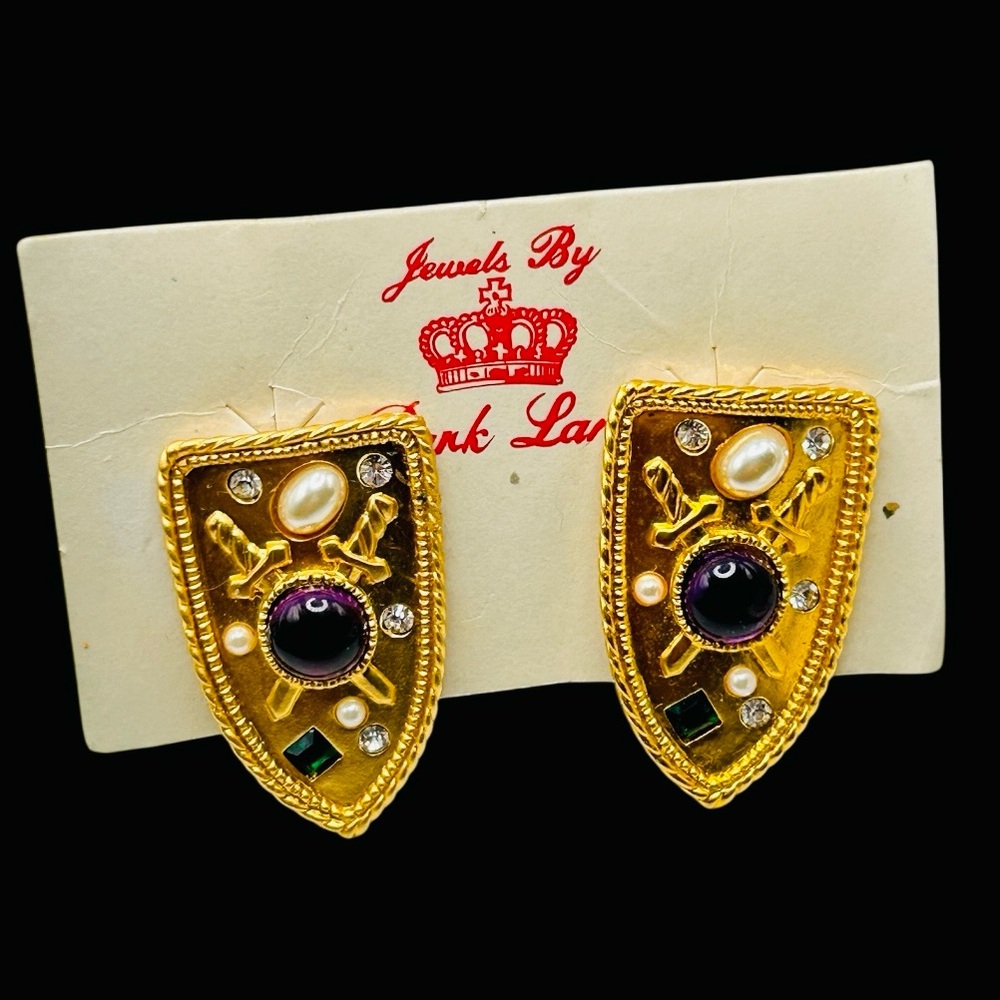 Vintage Park Lane Huge Heraldic Jeweled Clip Earrings Original Card